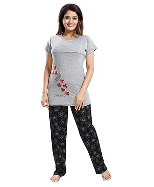 Fabme Short Sleeves Heart Print Maternity Night Suit - Grey