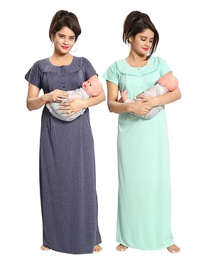 Fabme Pack Of Two Maternity & Nursing Short Sleeves Micro Striped Nighties - Blue Green