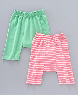 Earth Conscious Pack Of 2 Full Length Solid & Striped Diaper Leggings - Green & Pink