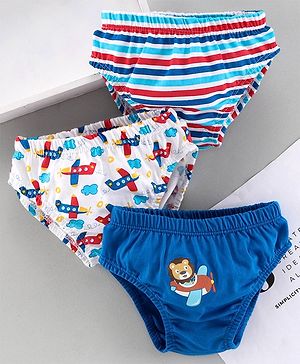 Babyhug 100%Cotton Anitbacterial Briefs Aeroplane Print Pack of 3 - Blue White