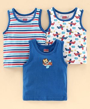 Babyhug 100% Cotton Antibacterial Vest Aeroplane Print Pack of 3 - Blue - 6-9m Blue