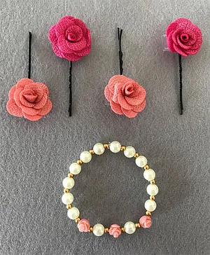 Kalacaree Pack Of 2 Pair Of Rose Bobby Pins & Bracelet Set - Pink & Peach