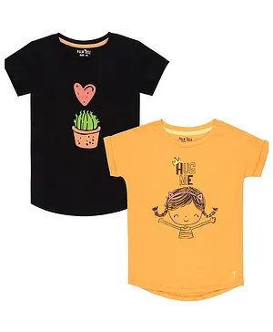 PALM TREE Pack Of 2 Half Sleeves Cactus & Girl Printed Tee - Black & Yellow