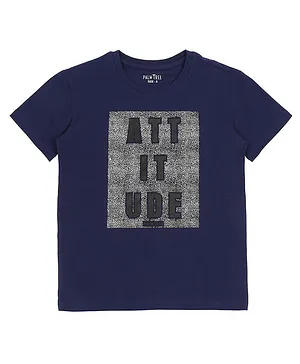 PALM TREE Short Sleeves Attitude Print T-Shirt - Dark Blue