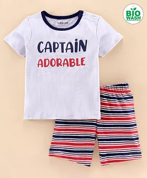 Babyoye Bio-Wash Cotton Half Sleeves Tee & Stripe Shorts Captain Adorable Print - Grey Red