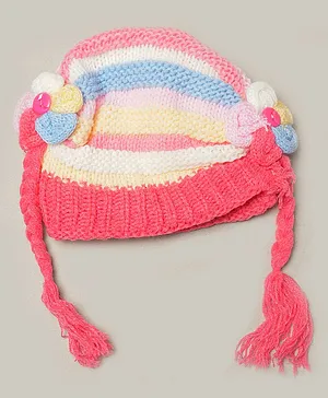TMW Kids Preety Flower Applique Ears Multi Stripe Knitted Woolen Cap With Braids - Peach