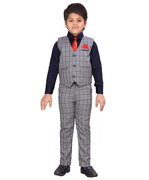 AJ Dezines Full Sleeves Shirt With Checked Waistcoat & Pants With Tie - Navy Blue