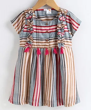 Little Carrot Striped Short Sleeves Tassel Detailing Dress - Multi Colour