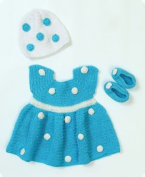 USHA ENTERPRISES Short Sleeves Polka Dots Design Dress With Cap & Booties - Sky Blue