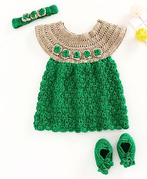 USHA ENTERPRISES Short Sleeves Flower Crochet Dress With Headband & Booties - Green