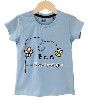 The Talking Canvas Half Sleeves Bee Happy Print T-Shirt - Blue