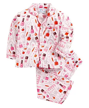 Knitting Doodles Full Sleeves Nail Spa Theme Night Suit - Light Pink & White