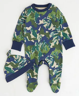 Angel & Rocket Camouflage Printed Full Sleeves Footed Romper With Cap - Blue