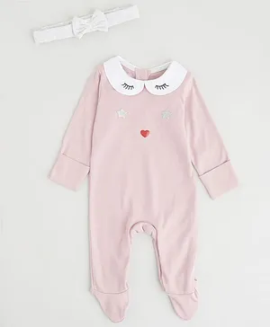 Angel & Rocket Solid Full Sleeves Footed Romper With Headband - Pink