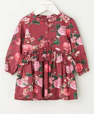 Angel & Rocket Full Sleeves Flower Print Dress - Dark Pink