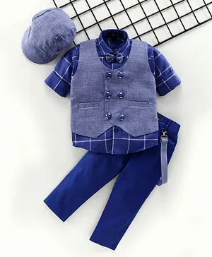 Robo Fry 3 Piece Full Sleeves Check Party Suit With Cap & Suspenders - Blue