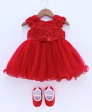 Bluebell Sleeveless Floral Embroidery Frock with Booties - Red (Booties Design May Vary)
