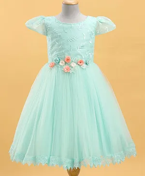 Bluebell Cap Sleeves Party Frock Floral Embroidered with Booties - Sea Green