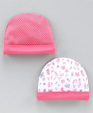 Babyhug 100% Cotton Cap Printed Pink Pack of 2 - Diameter 10.5 cm