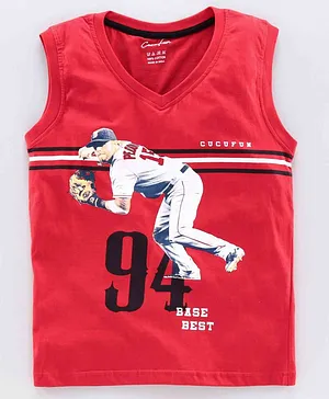 Cucu Fun Sleeveless T-Shirt  Baseball Print - Red