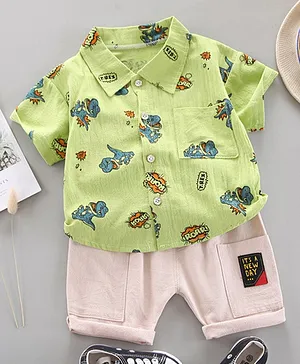 Kookie Kids Half Sleeves Shirt & Shorts Dino Print - Green Beige