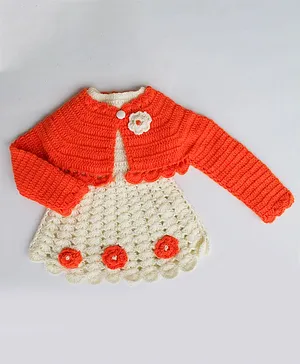 Woonie Handmade Dress With Full Sleeves Flower Applique Shrug - Orange