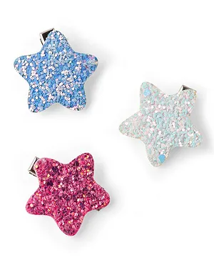 Knotty Ribbons Set Of 3 Glitter Star Alligator Clips - Light Blue White & Dark Pink