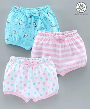 Babyoye Printed Cotton Shorts Set of 3 - Pink Blue White