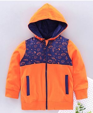 Kiddopanti Full Sleeves Space Theme Hooded Jacket - Orange & Navy Blue