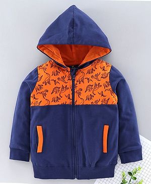 Kiddopanti Full Sleeves Dinosaur Print Detailing Hooded Jacket - Navy Blue & Orange