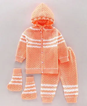 Babyhug Full Sleeves Hooded Sweater Set - Orange White