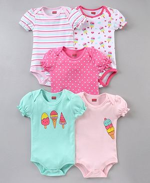 Babyhug 100% Cotton Puff Sleeves Onesies Pack of 5 - Multicolour