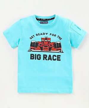 Pine Kids 100%Cotton Half Sleeves Softner Wash Tee Racing Car Print - Blue