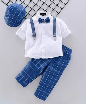 Robo Fry Full Sleeves Shirt with Checks Trouser, Suspenders & Cap - White Blue