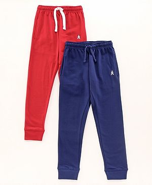 Pine Kids Full Length 100% Cotton Biowashed Solid Lounge Pants Pack Of 2 - Red Blue