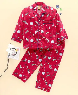 Yellow Duck Full Sleeves Night Suit Space Print - Red