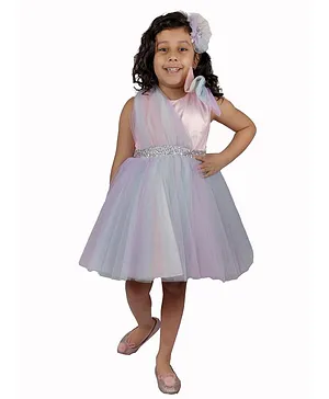 Teeni's Kidswear Sleeveless Glitter Belt Detailing Tulle Flared Dress - Purple & Pink