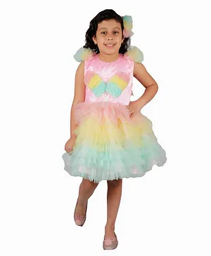 Teeni's Kidswear Sleeveless Faux Fur Ice Cream Applique Tulle Flare Layered Dress - Multi Colour