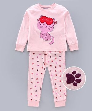 Pine Kids Full Sleeves Biowashed Night Suit Paw Print - Pink