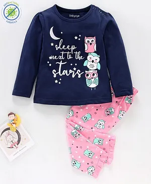 Babyoye Cotton Full Sleeve Top & Pyjama Pants Set Owl Print- Navy