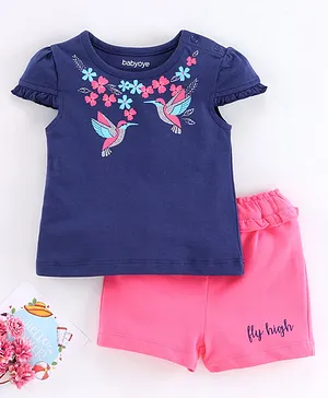 Babyoye Cap Sleeves Top & Shorts Bird Print - Navy Blue Pink