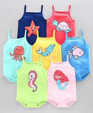 Babyoye Singlet Sleeves Onesie Ocean Animals Print Pack of 7 - Multicolour