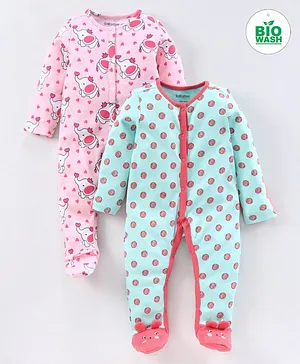 Babyoye Cotton Full Sleeves Footed Sleepsuits Pack of 2 - Pink Sea Green