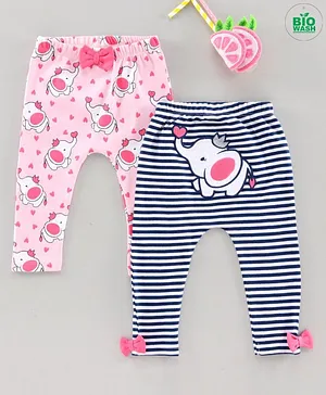 Babyoye Cotton Full Length Diaper Leggings Elephant Print Pack of 2 - Pink Blue