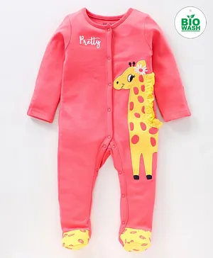 Babyoye Cotton Full Sleeves Footed Sleepsuit Giraffe Print - Dark Pink