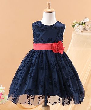 Babyhug Sleeveless Party Wear Embroidered Frock with Corsage - Navy Blue - 2-3Y Blue