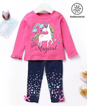 Babyoye Full Sleeves Top & Pyjama Set Unicorn Print - Pink Blue