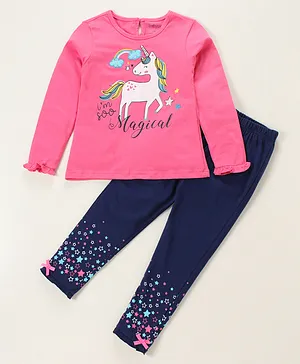 Babyoye Full Sleeves Top & Pyjama Set Unicorn Print - Pink Blue