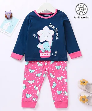 Babyoye Full Sleeves Top & Pyjama Set Elephant Print - Pink Blue