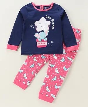 Babyoye Full Sleeves Top & Pyjama Set Elephant Print - Pink Blue